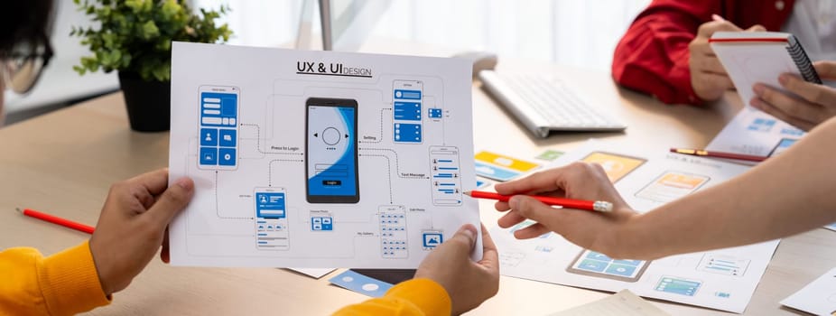 Panorama banner of startup company employee planning on user interface prototype for mobile application or website in office. UX UI designer brainstorm user friendly interface plan. Synergic