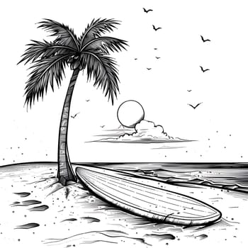 An artistic blackandwhite painting of a palm tree and a surfboard on a beach, showcasing the adaptation of the plant to its liquid surroundings under a sky backdrop