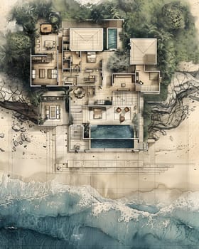 A picturesque house by the beach, featuring a pool, captured from a stunning aerial view. The watercolor painting perfectly depicts the natural landscape