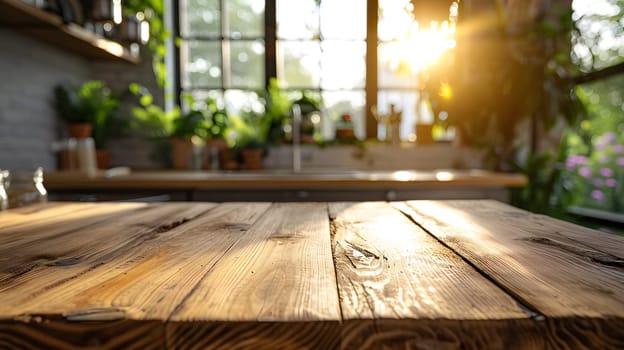 A wooden table is set in front of a kitchen window, with sunlight streaming through. The houses flooring matches the table, creating a warm and inviting atmosphere