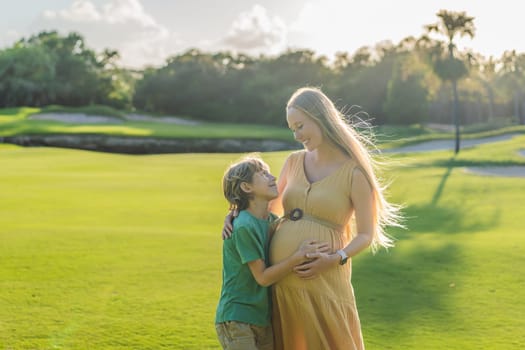 Heartwarming outdoor bonding as a pregnant mom and her son enjoy quality time together, savoring the beauty of nature and creating cherished moments.