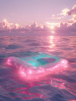 A pink float gracefully drifts in the ocean as the sun sets, casting a beautiful pink hue over the water, sky, and clouds in the atmospheric phenomenon