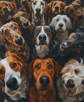 a group of dogs are posing for a picture together and looking at the camera . High quality