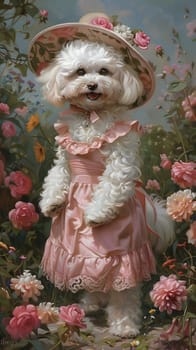 A small white companion dog wearing a pink dress and hat is standing in a field of colorful flowers, creating a beautiful and artistic scene