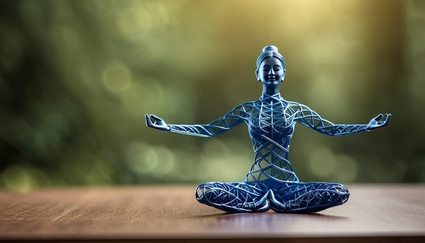 Woman in yoga pose, bent wire figure on nature backdrop, Creative figures symbol of tranquility, art and serenity intersection