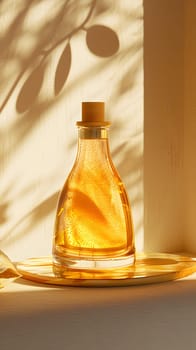 An amber glass bottle of orange oil perfume is resting on a tray on the table, the fluid inside resembling a refreshing drinkware