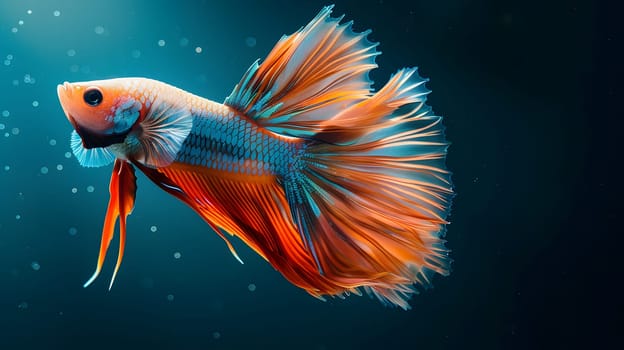 An electric blue and goldfish with a long tail and colorful fins is gracefully swimming underwater in liquid water, showcasing marine biology in action