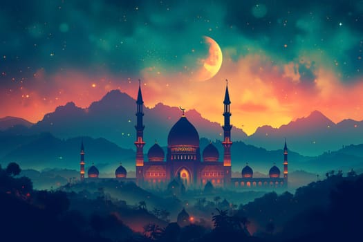 Ramadan mosque with night afterglow sky with crescent. Neural network generated in January 2024. Not based on any actual scene or pattern.