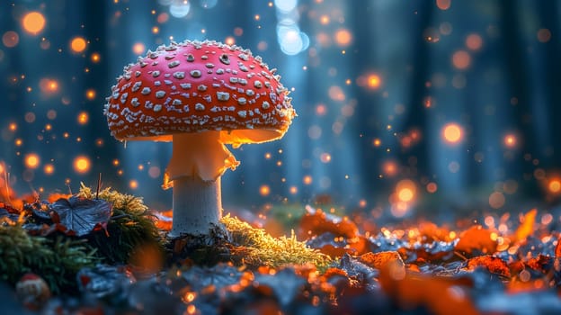 Magical mushroom in fantasy enchanted fairy tale forest. Neural network generated in January 2024. Not based on any actual scene or pattern.