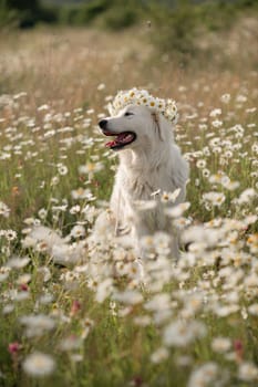 Daisies white dog Maremma Sheepdog in a wreath of daisies sits on a green lawn with wild flowers daisies, walks a pet. Cute photo with a dog in a wreath of daisies