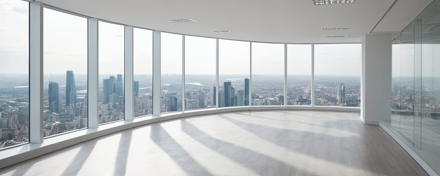 Empty office, high-rise building, city skyline view