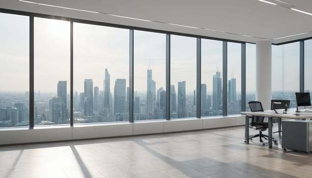 Empty office, high-rise building, city skyline view