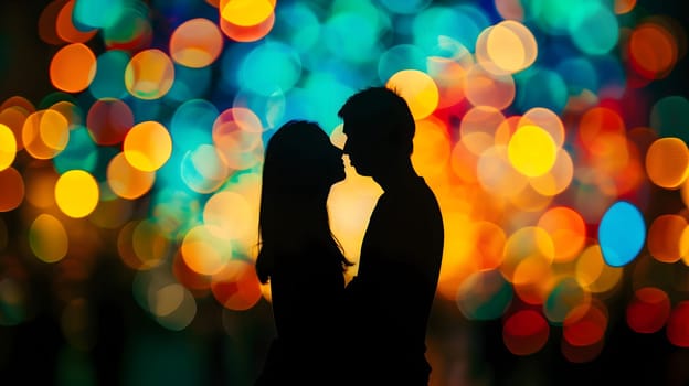 Silhouette of a couple with a colorful bokeh background. Neural network generated image. Not based on any actual person or scene.