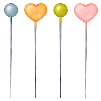 A set of sewing pins with various heads. Steel needles. Head colors blue, orange green and pink. Watercolor isolated objects. for crafting enthusiasts, needlework shops, and DIY-themed designs.