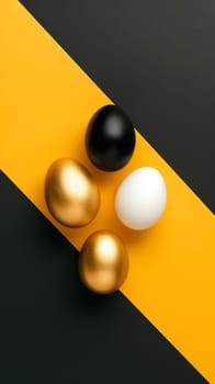 Golden, black, white Easter eggs on a yellow-black background. geometry. Minimal concept. View from above. Neural network generated image. Not based on any actual scene or pattern.