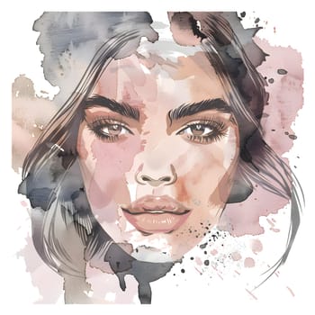 This beautiful watercolor painting captures the delicate features of a womans face, highlighting her cheek, jaw, and eyelashes. A stunning example of visual arts and illustration
