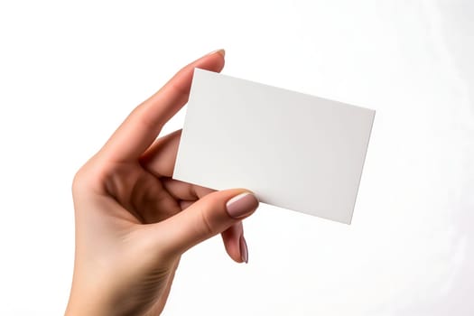 Woman Hand holding blank business card on white background. Neural network generated image. Not based on any actual scene or pattern.