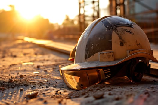 Old yellow hard hat at construction site. Neural network generated image. Not based on any actual scene or pattern.