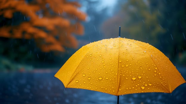 Close up, yellow umbrella under rainfall against a background of autumn leaves. Concept of rainy weather. Neural network generated image. Not based on any actual scene or pattern.