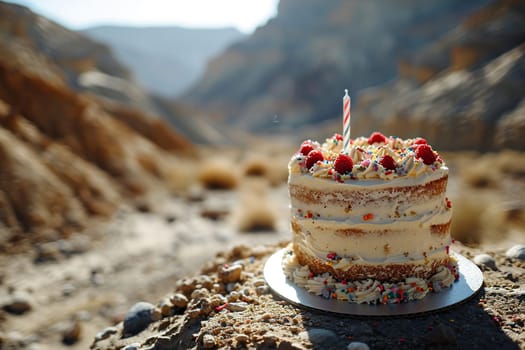The birthday cake stands on stones against the backdrop of blurred mountains.