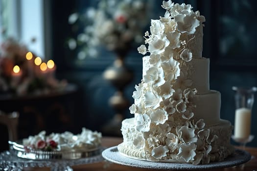 Elegant white wedding cake four tiers high and decorated with flowers.