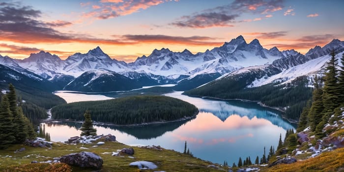 Serene Mountain Vista. Capture a breathtaking sunrise over snow-capped mountains. Panorama