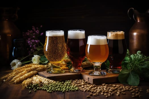 A set of four glasses of different types of beer on a wooden table with ears of wheat.