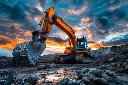 excavator earthmoving at coal open pit on sunset background, recycling and coal mining industry, created with generative ai..