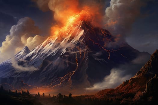 A majestic volcano spewing lava, dark plumes rising against a fiery sky. Landscape transformed in the wake of nature's fury. Generative AI.