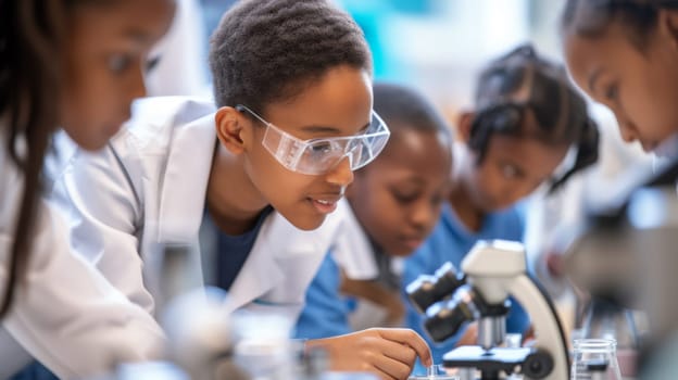 A group of children in lab coats looking at a microscope