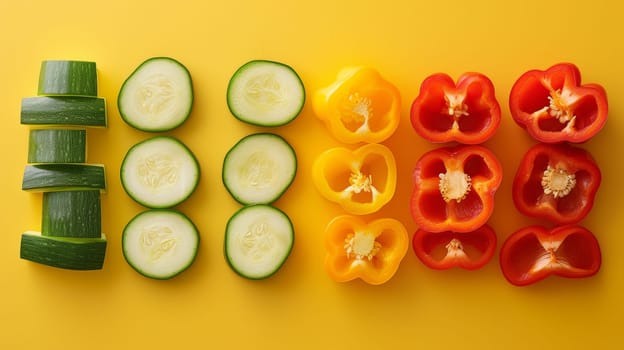 A bunch of vegetables arranged in a pattern on yellow background