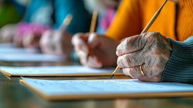 A group of people sitting at a table writing with pencils