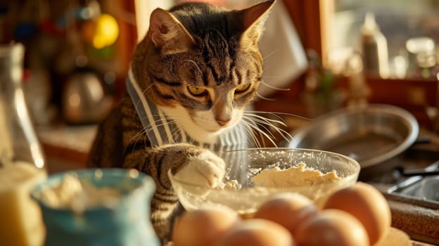 A cat in a kitchen with eggs and flour on the counter