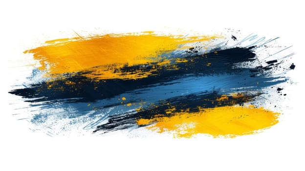 A blue and yellow paint splatter on a white background