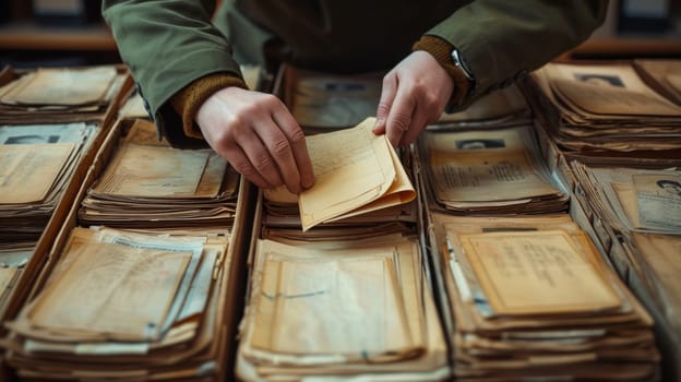 A person is sorting through old documents in a pile