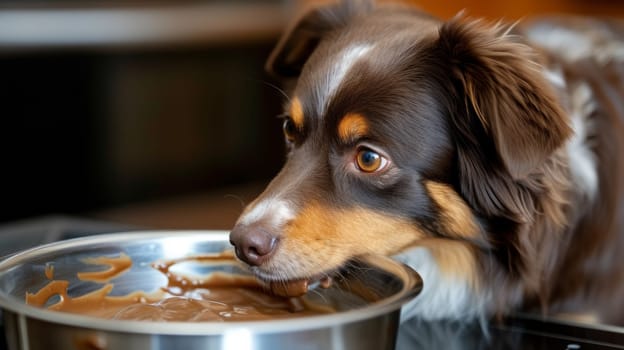 A dog licking out of a bowl filled with chocolate