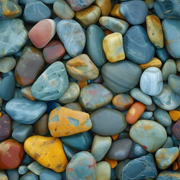 Seamless texture and full-frame background of colorful round beach pebbles with high angle view. Neural network generated image. Not based on any actual scene or pattern.