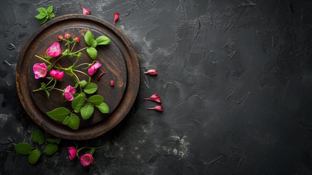 A plate with flowers on it sitting next to a wall