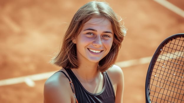 A woman smiling while holding a tennis racket on the court