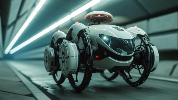 A futuristic looking vehicle with lights on it is driving down a tunnel