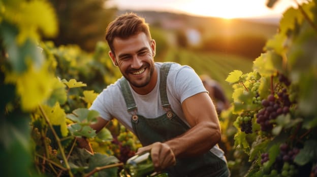 A man in overalls picking grapes from a vineyard