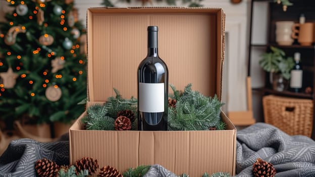 A box with a bottle of wine and pine cones