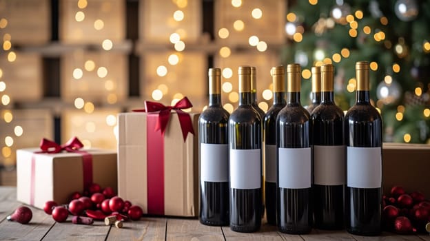 A group of bottles and boxes with christmas decorations on a table