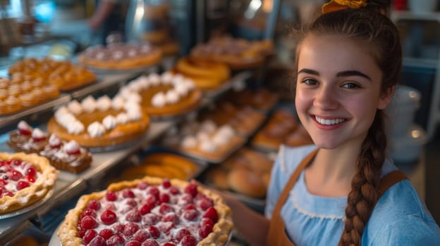 A woman holding a tray of pastries in front of bakery case