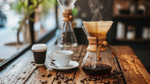 A coffee is being brewed in a glass carafe on the table