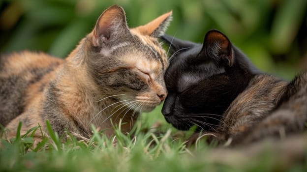 Two cats laying on the grass with their noses touching