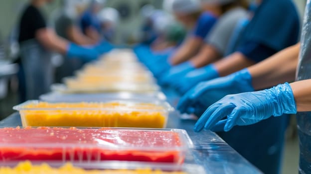 A line of people in blue gloves are preparing food