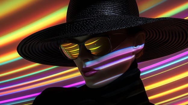 A woman in a hat and sunglasses with rainbow colored stripes