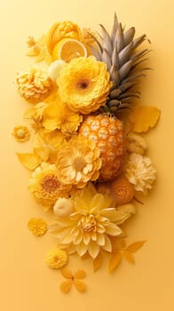 A pineapple is surrounded by flowers and leaves on a yellow background