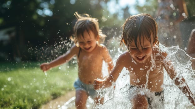 Two children playing in a puddle of water with their clothes on